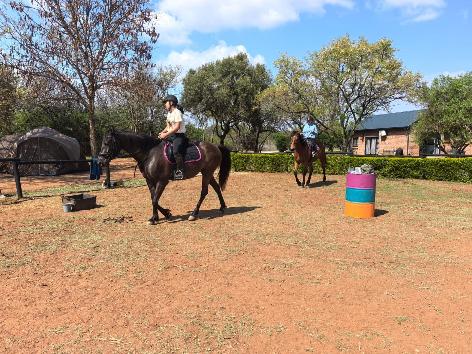 Riders in the arena with colourful barrels