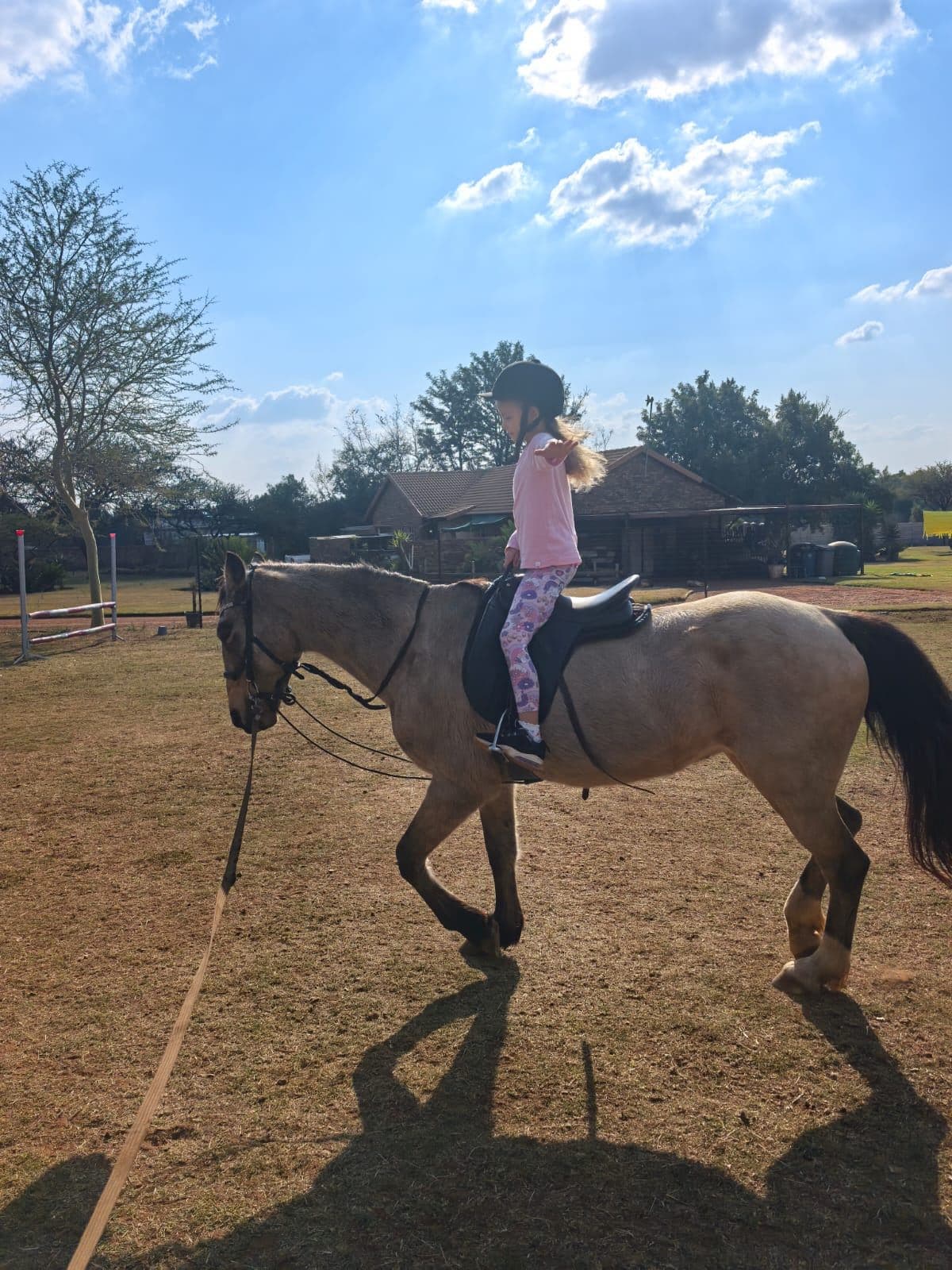 A little girl on a buckskin pony on the lead rein, arms out wide